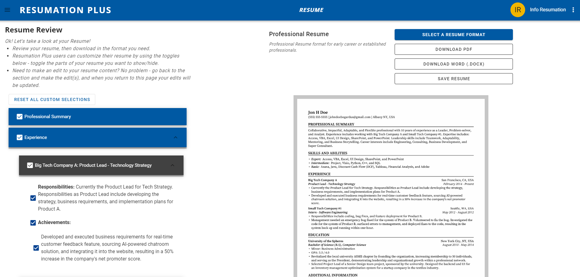 Resumation: Your Ultimate Professional Resume Builder. Effortlessly create, customize, and download your resume in various formats. Utilize our AI-powered tools to highlight your achievements and experiences, ensuring your resume stands out to potential employers. Perfect for early career professionals and seasoned experts alike. Join the thousands who have transformed their career narratives with Resumation. This image is for Resumation Plus, which is an optional, paid upgrade.