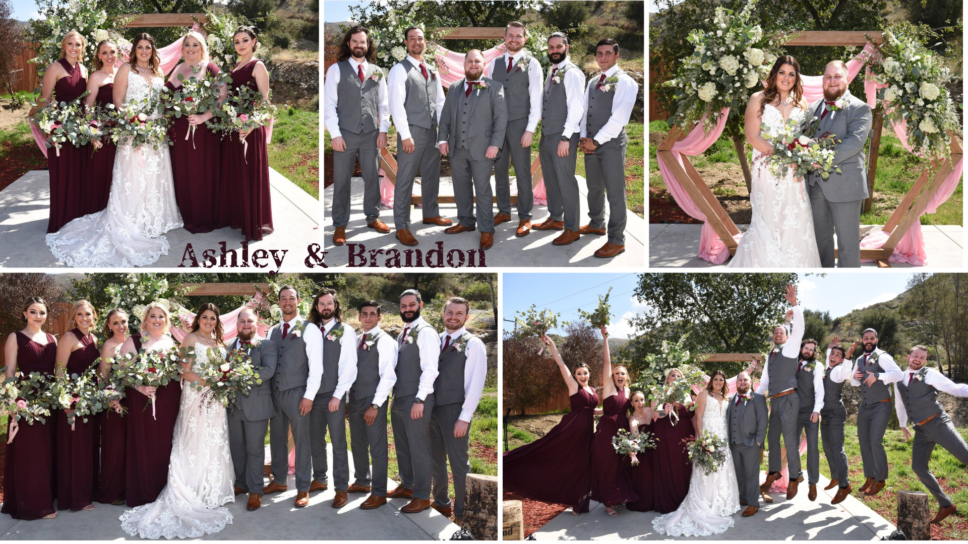 Rustic outdoor wedding of Ashley and Brandon, featuring the bridal party with lush greenery and white floral bouquets, a wooden ceremony arch draped in pink fabric, and the couple posing with their bridal party.
