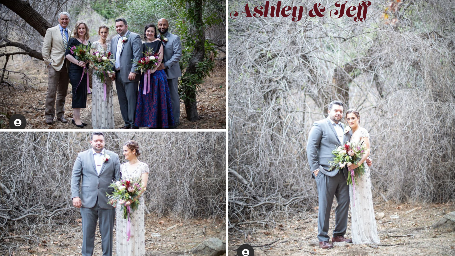 Ashley and Jeff's intimate forest wedding ceremony featuring the couple posing with their immediate family. The bride is wearing a white lace gown and holding a lush bouquet of greenery, white roses, and pink flowers with trailing ribbons, while the groom is dressed in a gray suit. The ceremony takes place in a woodland setting, highlighted by the natural backdrop of trees and rustic foliage. The image captures both formal and candid moments of the wedding party celebrating the couple's union.