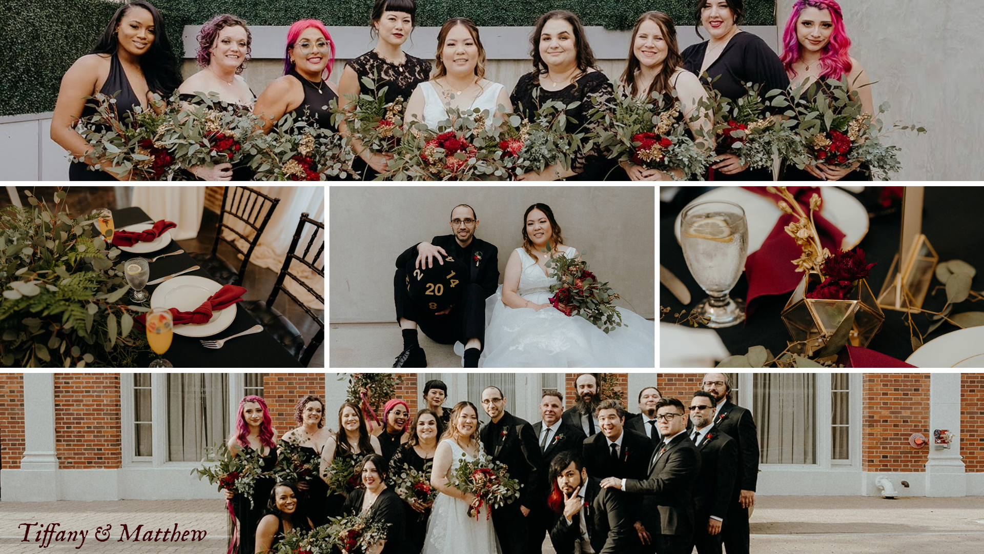 Tiffany and Matthew's chic and stylish wedding featuring a group photo of the bridal party with bridesmaids holding lush bouquets of greenery and deep red flowers, and groomsmen dressed in classic black suits. The reception table setting includes black tablecloths with gold geometric centerpieces, red napkins, and elegant place settings. The couple is seen joyfully posing with a giant 20-sided die, adding a playful touch to their special day. The images capture formal and candid moments, showcasing the modern decor and joyous celebration.