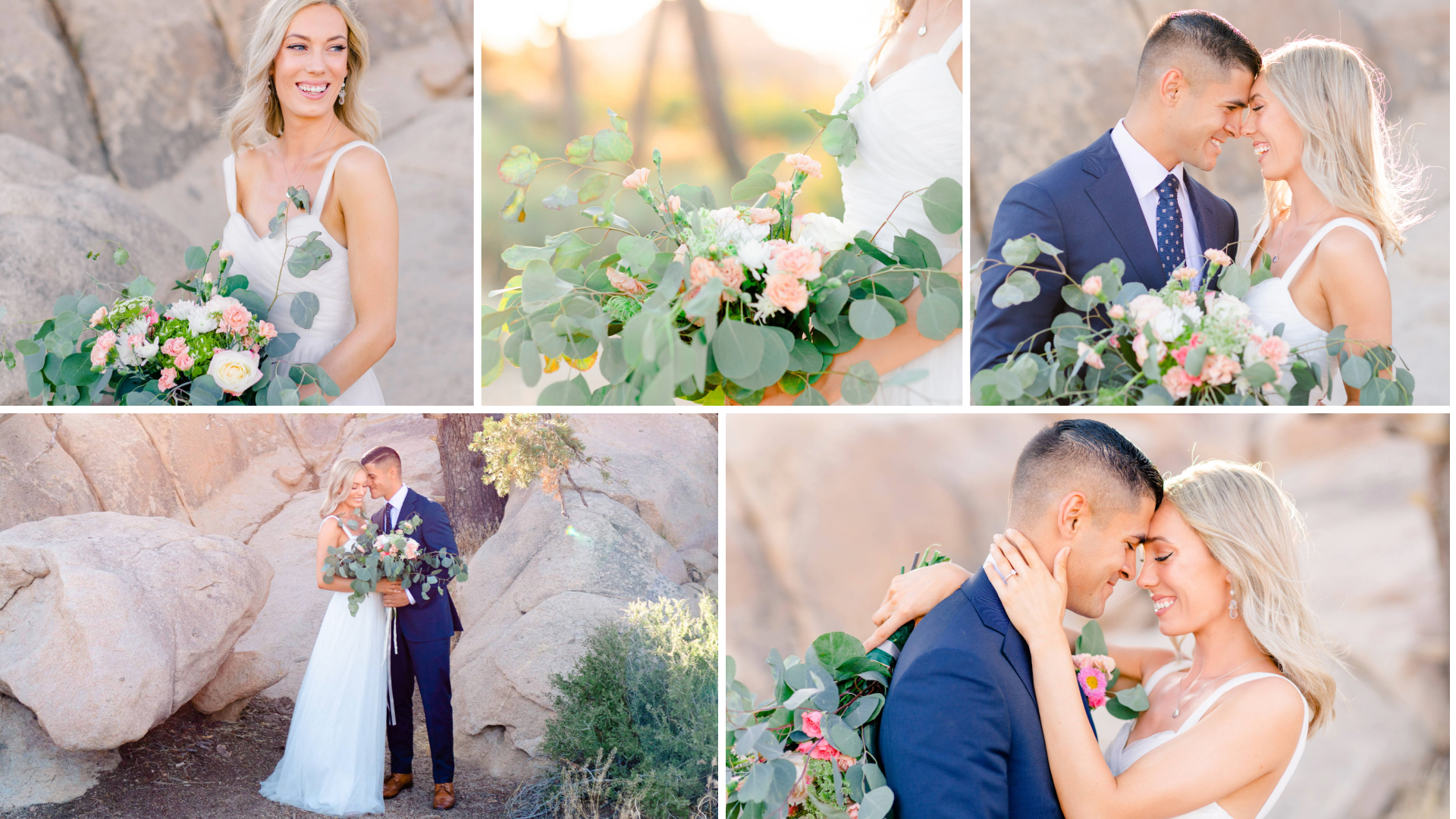 A serene desert wedding photoshoot featuring the bride in a white flowing gown holding a lush bouquet with eucalyptus leaves, white roses, and soft pink flowers. The groom, dressed in a navy blue suit, embraces the bride among natural rock formations. The couple shares intimate and joyful moments, highlighting their connection and the romantic desert landscape. The images capture both close-up details of the floral arrangement and wider shots of the couple in the scenic surroundings.