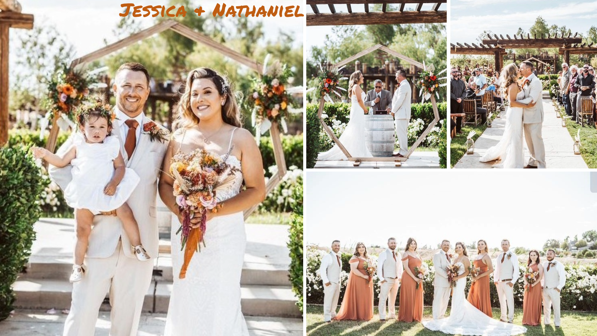 Jessica and Nathaniel's sunny outdoor wedding ceremony. The bride, in a lace white gown, holds a vibrant bouquet with orange, pink, and cream flowers. The groom, dressed in a beige suit with an orange tie, holds their young child. The wedding takes place under a hexagonal wooden arch adorned with matching floral arrangements. Another image shows the couple exchanging vows in front of a wine barrel with a greenery backdrop. The bridal party, dressed in burnt orange and beige, stands together, celebrating the joyous occasion against a backdrop of greenery and a clear sky.