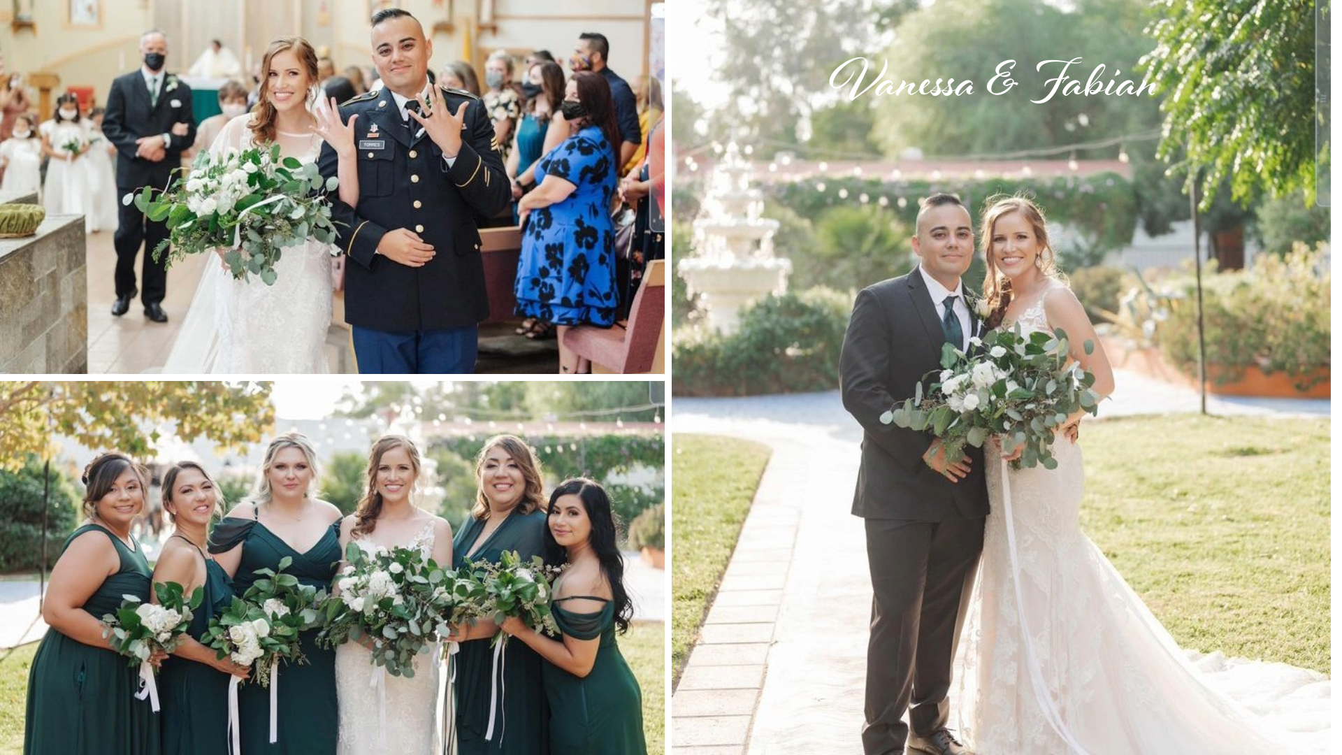 Vanessa and Fabian's wedding ceremony featuring a beautiful outdoor setting. The bride, in a lace gown, holds a lush bouquet of eucalyptus and white roses, while the groom, dressed in a military uniform, stands proudly beside her. The top left image shows the couple inside the church, joyfully flashing their rings to the camera. The top right captures an intimate moment outdoors, with the bride and groom posing near a fountain in a garden. The bottom image showcases the bride with her bridesmaids in deep green dresses, each holding matching greenery-filled bouquets.