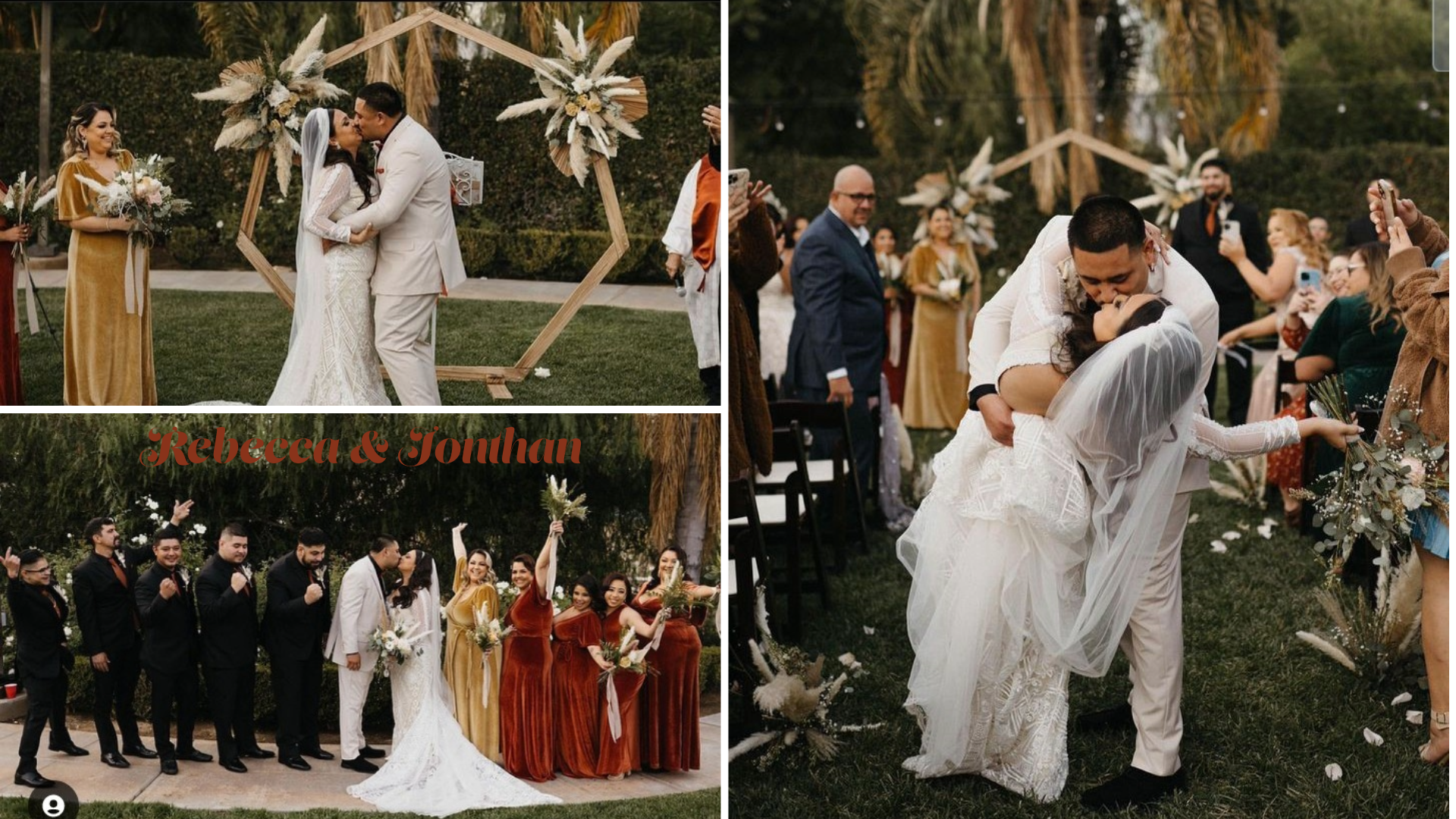 Rebecca and Jonathan's outdoor wedding ceremony. The top left image captures the couple sharing their first kiss under a geometric wooden arch adorned with pampas grass and floral arrangements. The top right image shows the groom dipping the bride for a kiss while their guests cheer them on. The bottom image features the wedding party celebrating; bridesmaids in warm autumnal velvet dresses and groomsmen in black suits with the couple at the center, all posing cheerfully with bouquets and raised fists, embodying a rustic and celebratory atmosphere.