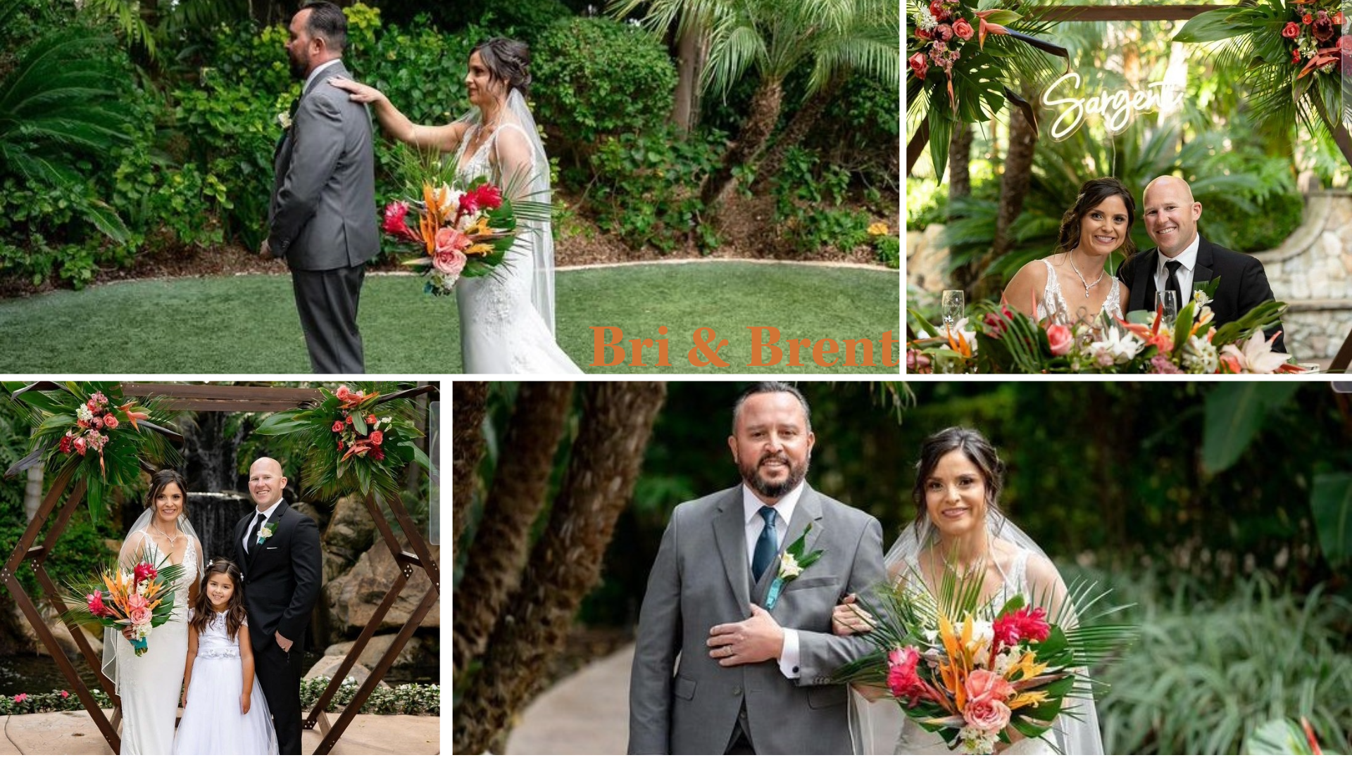 Bri and Brent's tropical-themed wedding. The top left image shows the bride tapping the groom on the shoulder for a first look, with lush greenery in the background. The top right image features the couple seated at a sweetheart table decorated with vibrant tropical flowers and a neon 'Sargent' sign behind them. The bottom left image shows the couple and a young flower girl standing under a wooden hexagonal arch adorned with bright, colorful tropical flowers. The bottom right image captures the bride, holding a large bouquet of tropical flowers, walking arm-in-arm with her father down a garden aisle, surrounded by greenery and tropical plants.