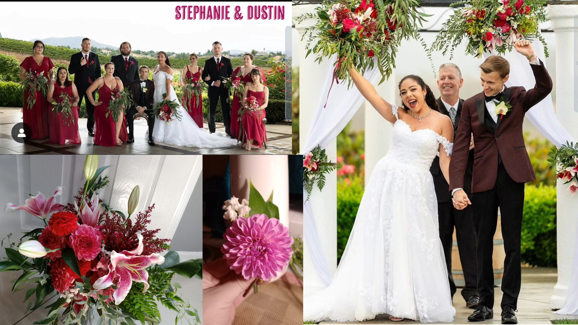 Stephanie and Dustin's vibrant wedding. The top left image shows the bridal party with Stephanie in a white lace dress and Dustin in a burgundy suit, surrounded by bridesmaids in burgundy dresses and groomsmen in black suits, posing against a backdrop of vineyards. The top right image captures Stephanie and Dustin's joyous exit under a floral arch with white and pink flowers, holding hands and cheering. The bottom left section features close-up shots of the floral arrangements, including pink lilies, red dahlias, and greenery. Overall, the collage highlights the lively and colorful theme of their wedding.