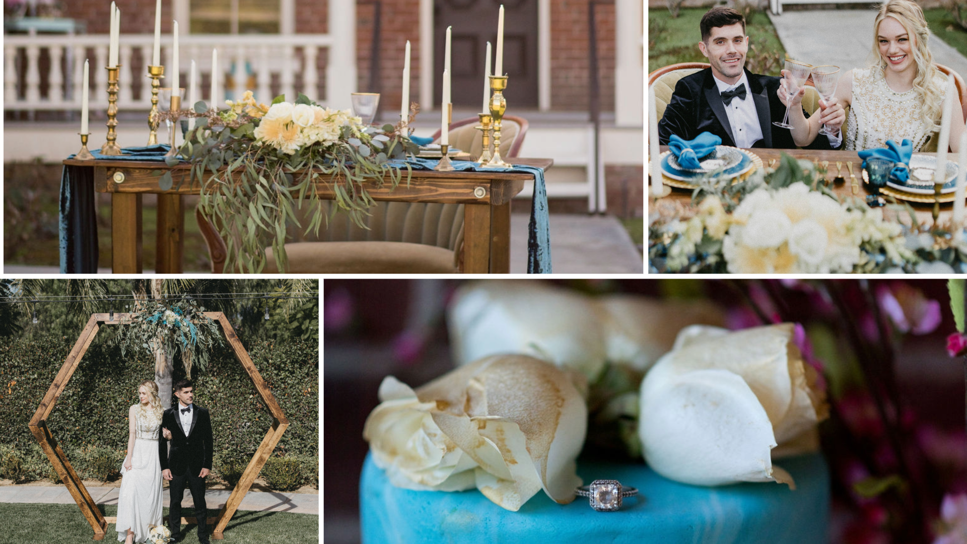 A collage of Barton House wedding moments. Top left: An elegant tablescape with gold candlesticks, a lush garland of greenery and yellow roses, and blue napkins, set on a wooden table. Top right: The bride and groom, dressed in a white gown with golden accents and a black tuxedo, respectively, smile and raise their glasses while seated at the reception table adorned with blue and gold decor. Bottom left: The couple stands under a hexagonal wooden arch adorned with blue and green floral arrangements, with the groom in a black velvet tuxedo and the bride in a simple white dress holding a bouquet of white roses. Bottom right: Close-up of white roses on top of a blue wedding cake with the couple’s wedding rings prominently displayed.