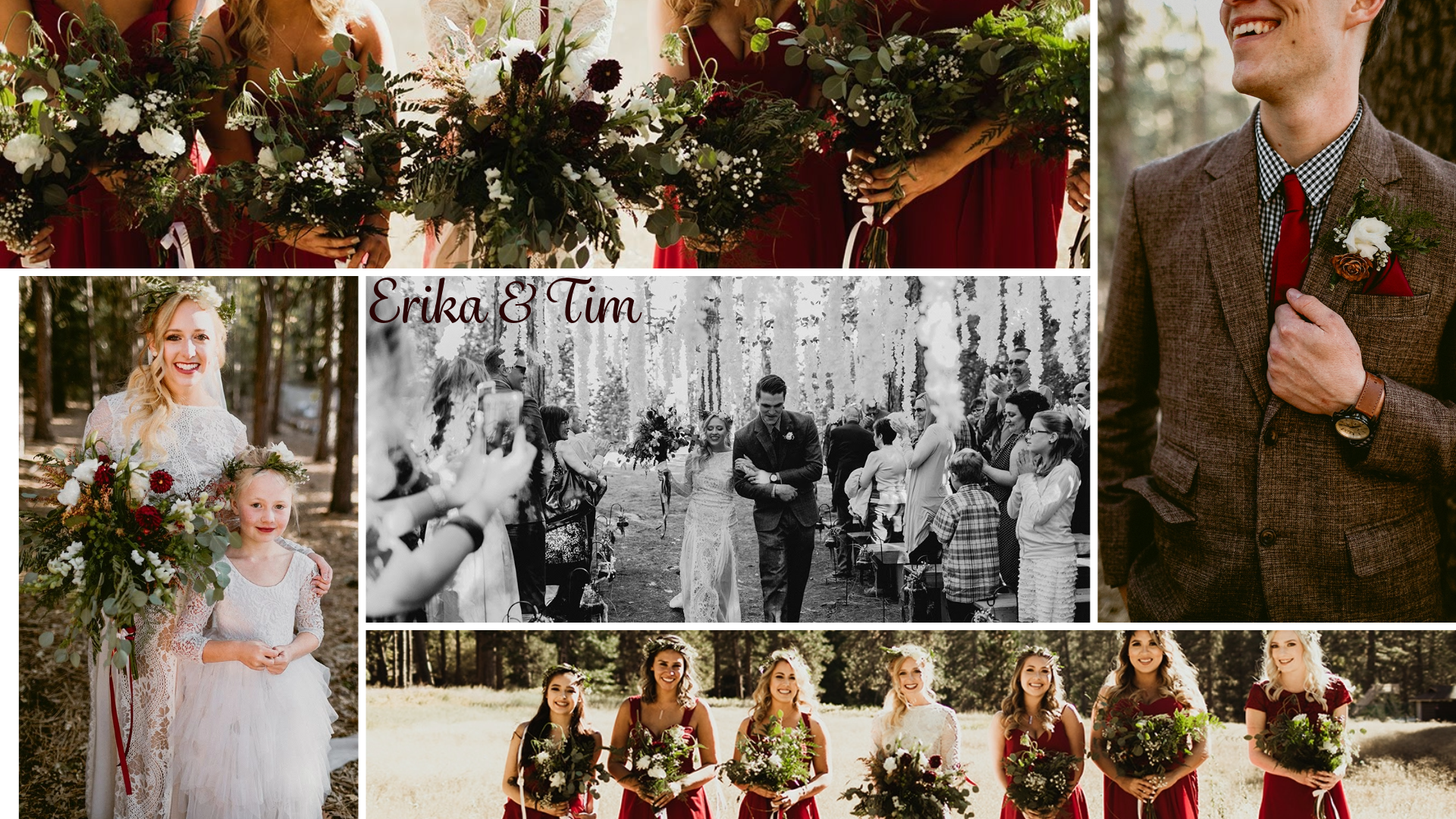 Bride and groom Erika and Tim at their bohemian forest wedding, featuring lush floral bouquets with white and burgundy blooms and elegant decor.