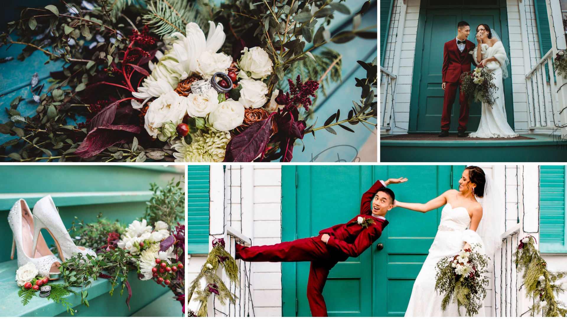 Vibrant wedding with playful bride and groom, featuring lush floral arrangements with white roses, eucalyptus, and burgundy accents. The bride and groom pose humorously on teal steps and in front of a teal door.