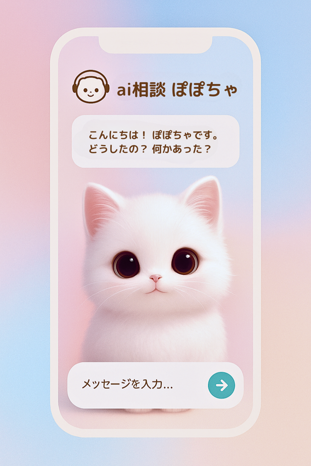 ぽぽちゃのキャラクター画像。育児の悩みに寄り添う共感型AI。