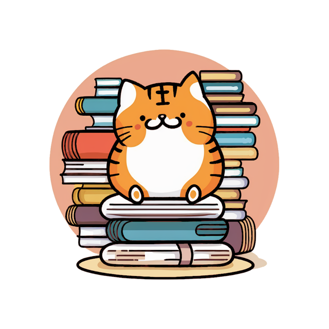 An orange and white cat with black stripes sits on a pile of books while surrounded by books