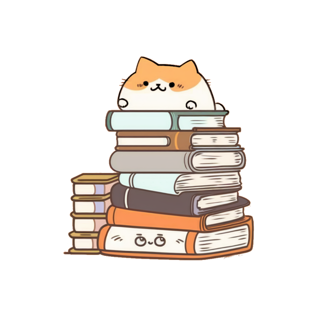 An orange and white cat peeks out from behind a pile of books