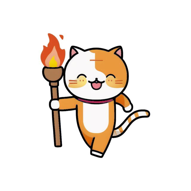 An orange and white cat carries a torch and smiles.