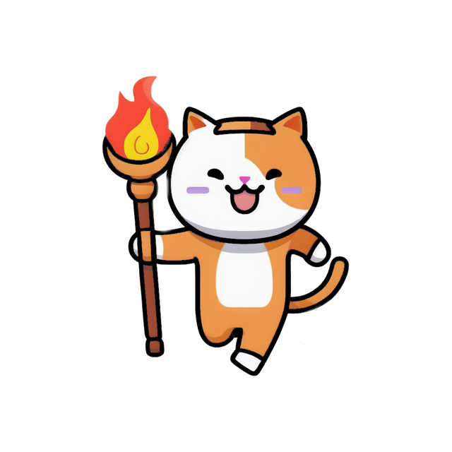 An orange and white cat with black eyes and purple whiskers holds a torch and smiles.
