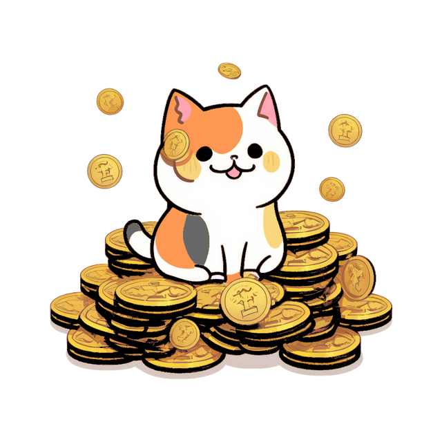 A cute calico cat sits on a pile of gold coins and smiles