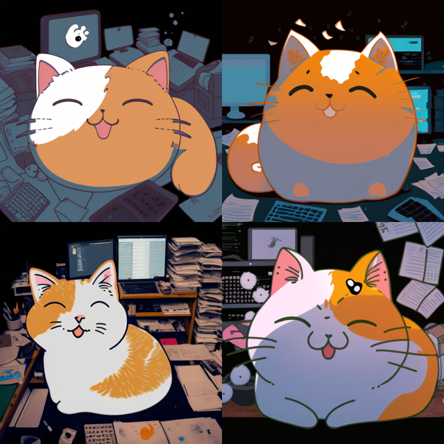 Four different illustrations of a cat created using niijourney based off of coverage cat assets