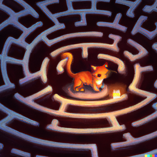 an orange cat navigates a dark maze carrying a faint candle, digital art made by DALLE-2