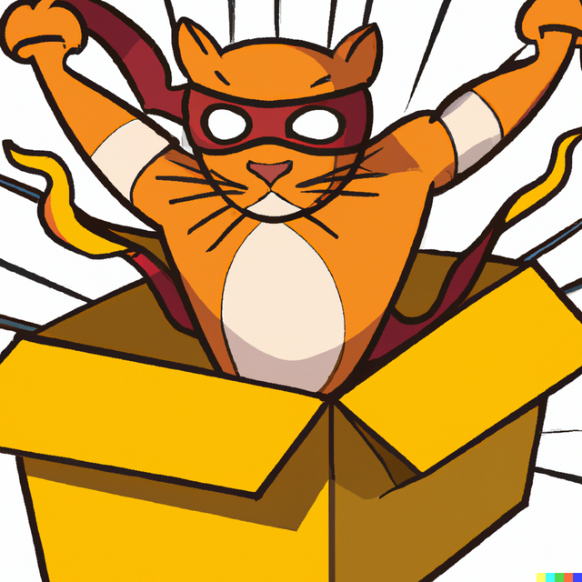 an orange cat superhero bursts out of a box, made with DALLE-2