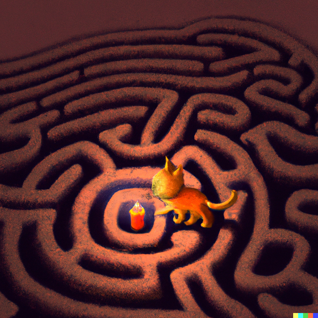 An orange cat wanders a dark maze with a candle made with DALLE-2