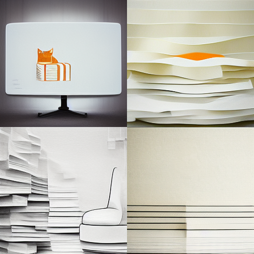 stacks of papers and orange that sometimes resembles a cat blending into them. Made with Midjourney