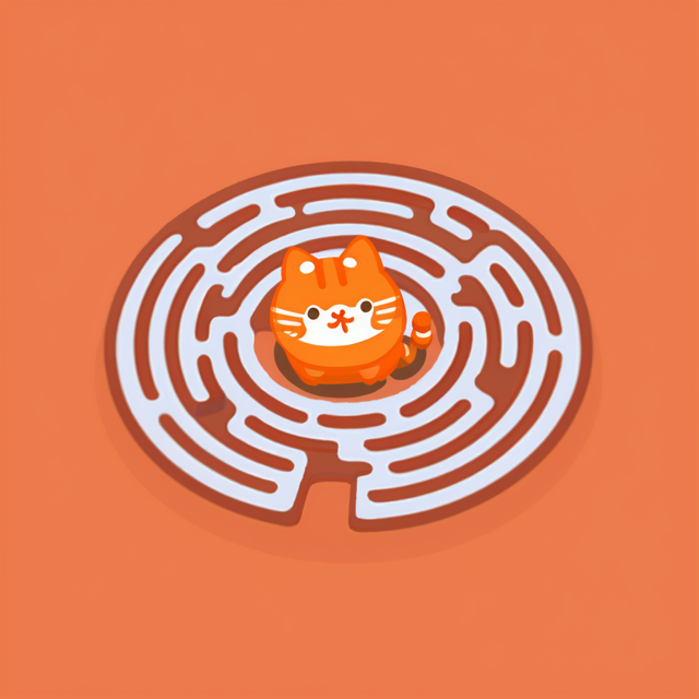 An orange cat sits in a maze, cartoonly style