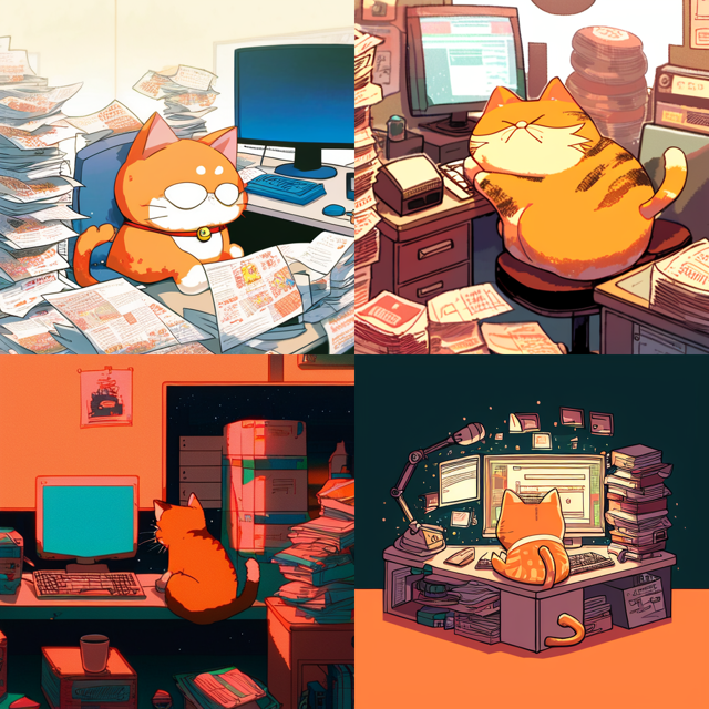 A set of four pictures of large cats working like humans at desks in different anime styles.