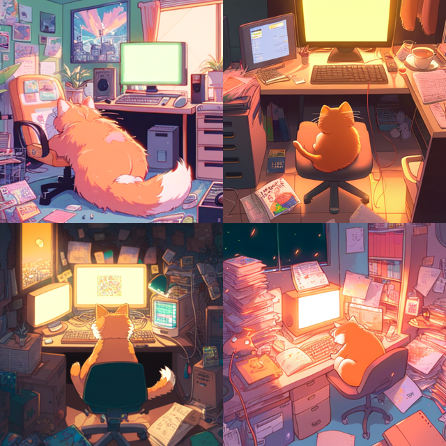 A second set of four pictures of large cats working like humans at desks in different anime styles.