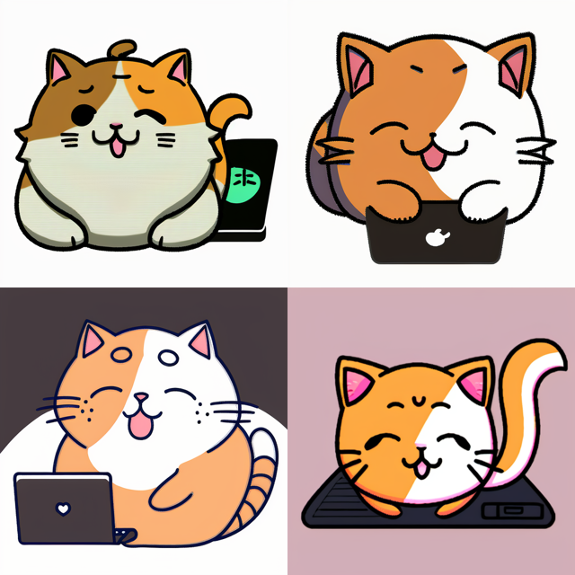 A third set of four pictures of large cats working like humans at desks in different anime styles. These are the chibi-est cats.