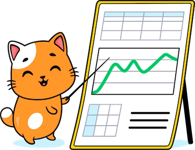 the Coverage Cat face and body pointing at a chart with a stick