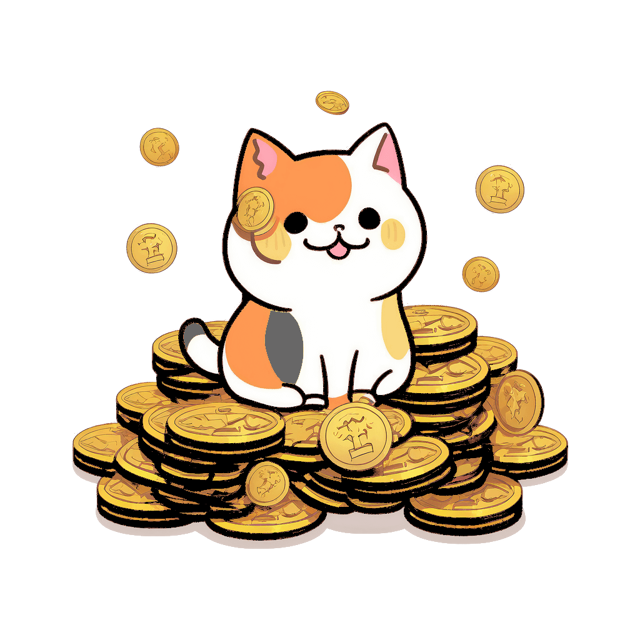 an orange and white cat sits on a pile of gold coins