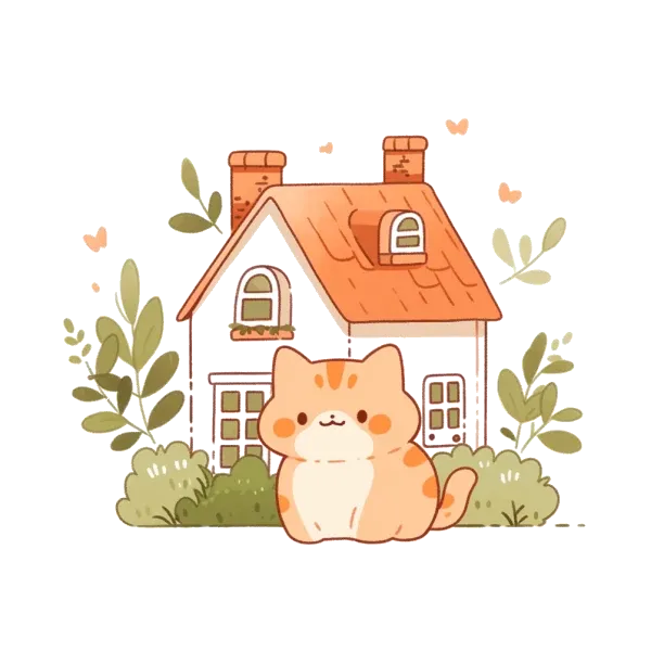 a cute orange cat sits in front of a single family home