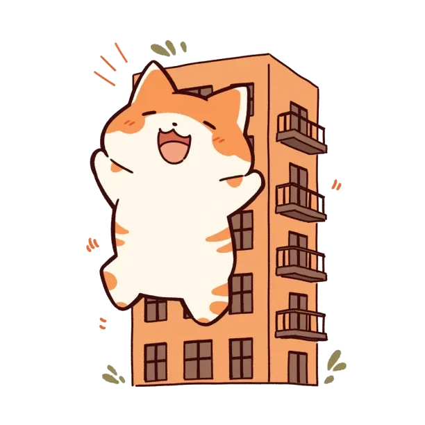 a cute orange cat jumps for joy in front of an apartment building