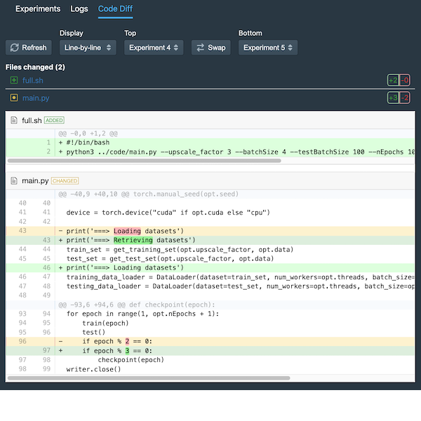 Screenshot showing code diff of two different experiments