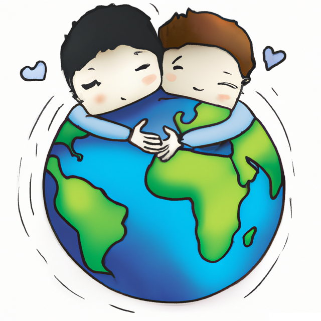 An image of two people hugging each other and the planet earth