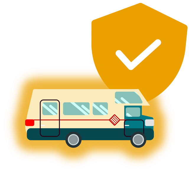 Schritt 3: Versichert losdüsen. Illustration eines Autos, das von einem großen Versicherungslogo wie ein Schutzschild geschützt ist.