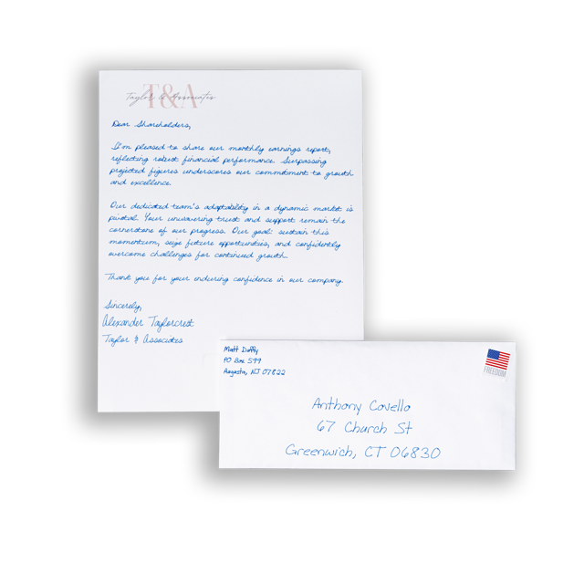 A beautiful handwritten letter in cursive, next to a handwritten #10 envelope.