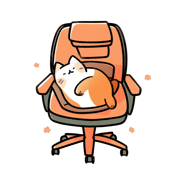An orange and white cat lays in an orange office chair