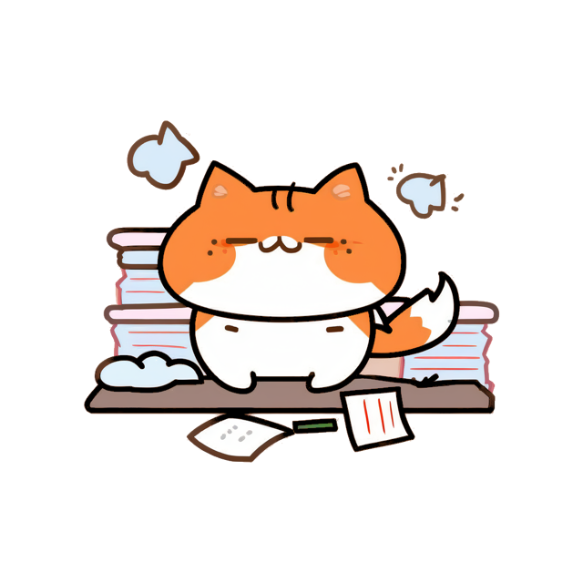 An orange and white cat sits between stacks of messy papers