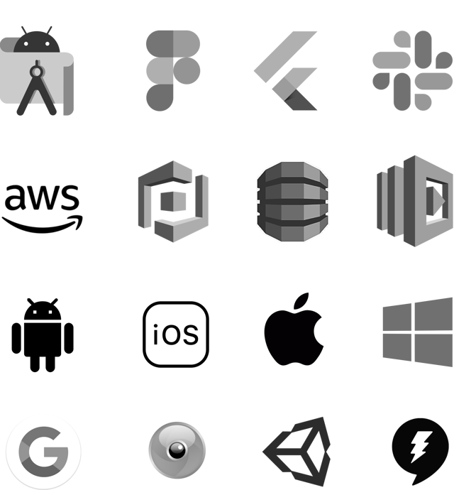 Logos of Android Studio, Flutter, Slack, iOS, Wikitude, Unity, Google, etc.