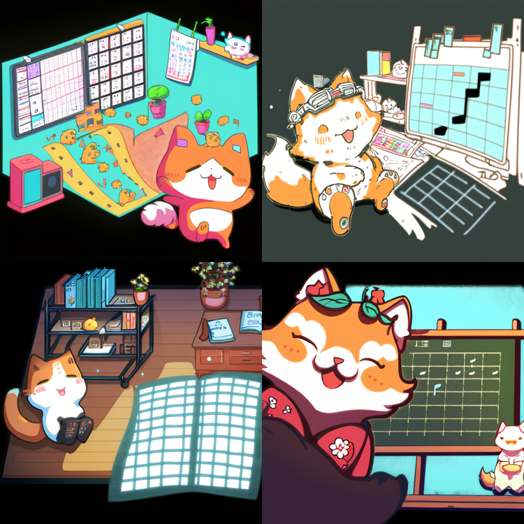 four different illustrations of orange and white cats sitting in an office created using niijourney
