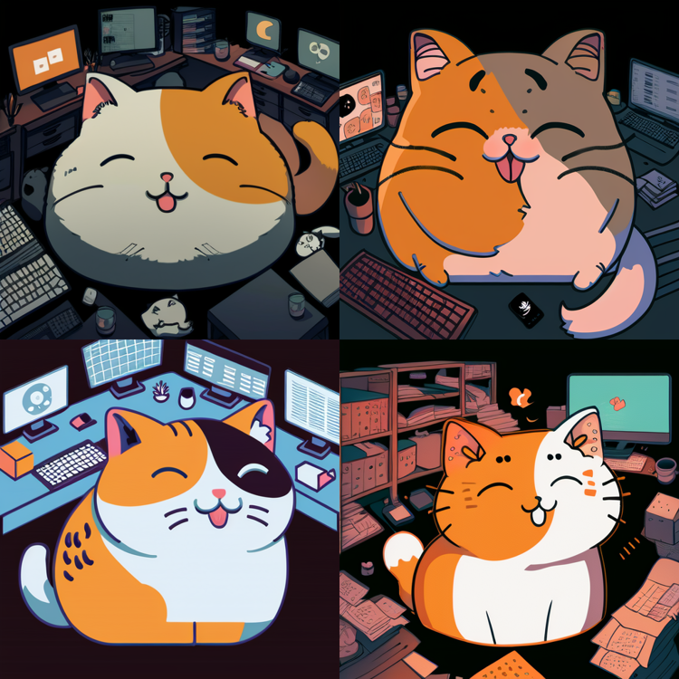 A second set of four different illustrations of a cat created using niijourney based off of coverage cat assets