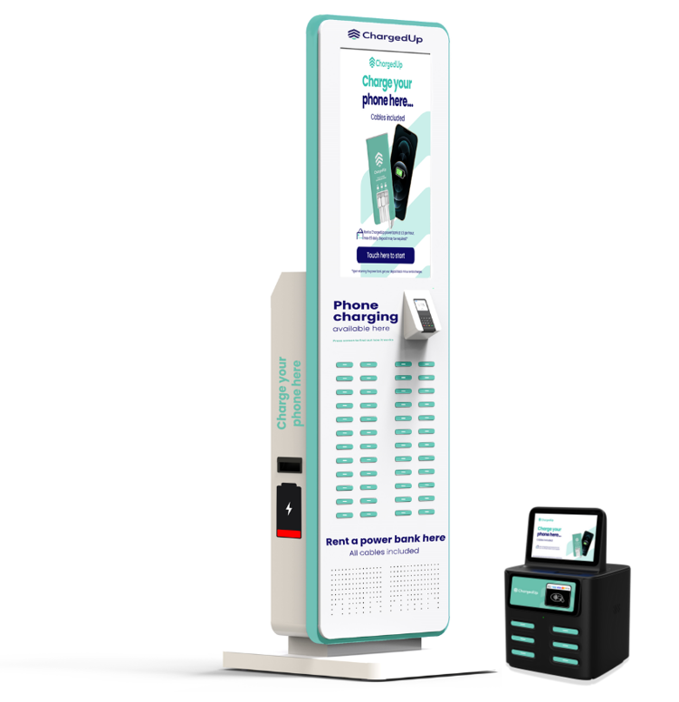  Comparison of ChargedUp large and small stations for power bank rentals, showcasing their design and features for mobile device charging