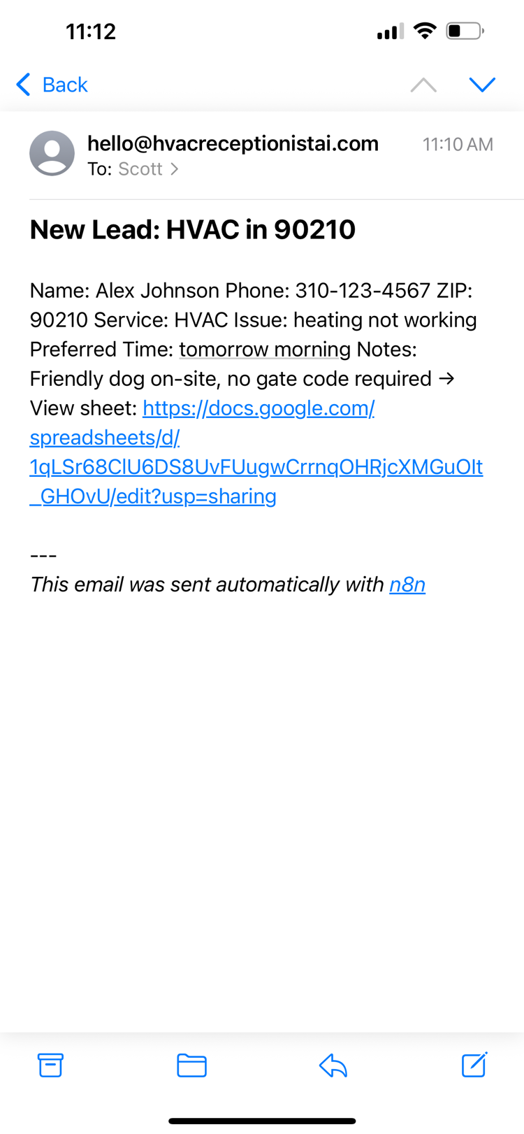 Email summary: subject line and caller details with link to Google Sheet
