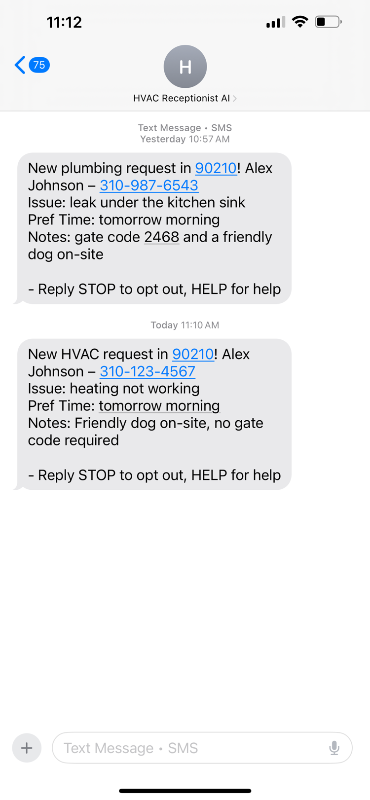 SMS summary with name, phone, ZIP, issue, preferred time