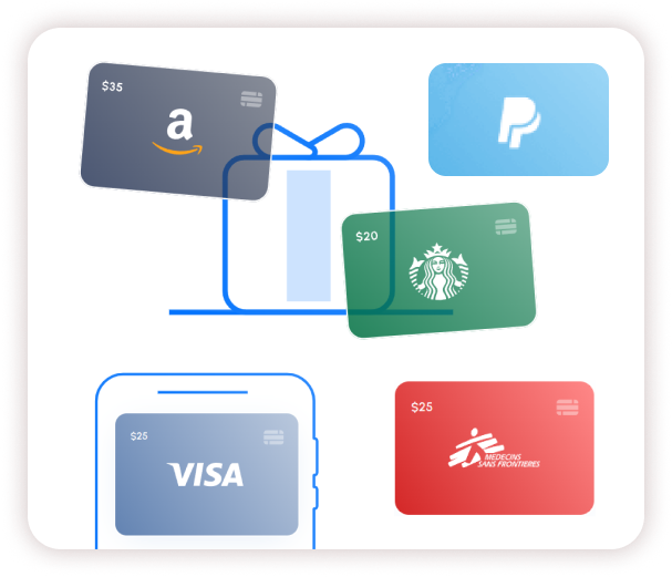 Global catalog with gift cards from amazon, visa, starbucks, paypal