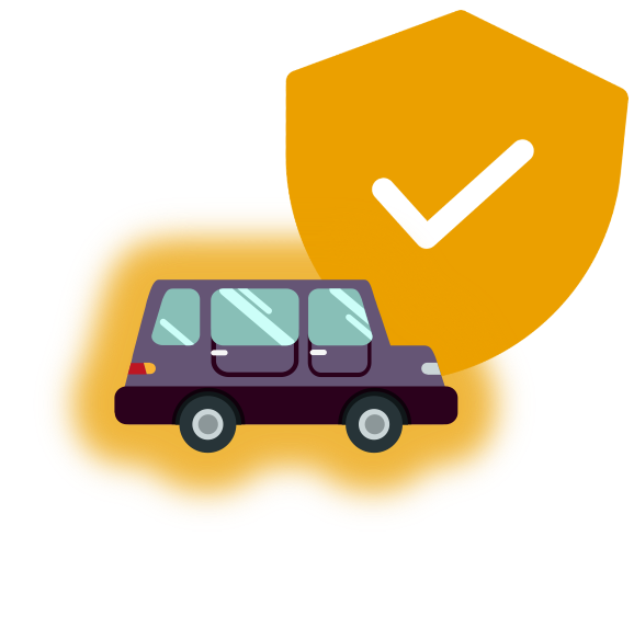 Illustration eines Autos mit einem großen gelben Schild und einem Häkchen, das Versicherung und Schutz symbolisiert. Es geht um den Versicherungsschutz beim privaten Carsharing, der sicherstellt, dass Fahrzeuge beim Verleihen an Freunde und Nachbarn gut abgesichert sind.