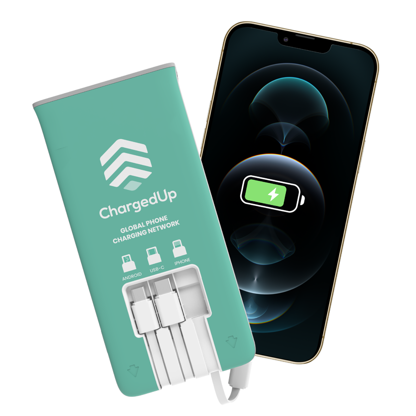 ChargedUp portable power bank for charging mobile devices, featuring integrated cables for Android, USB-C, and iPhone