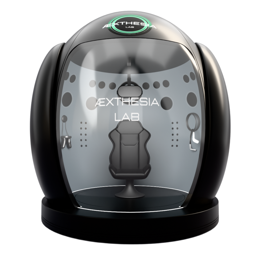 Rendering del Pod Immersivo di ÆXTHESIA LAB, capsula tecnologica per esperienze multisensoriali a 360°.