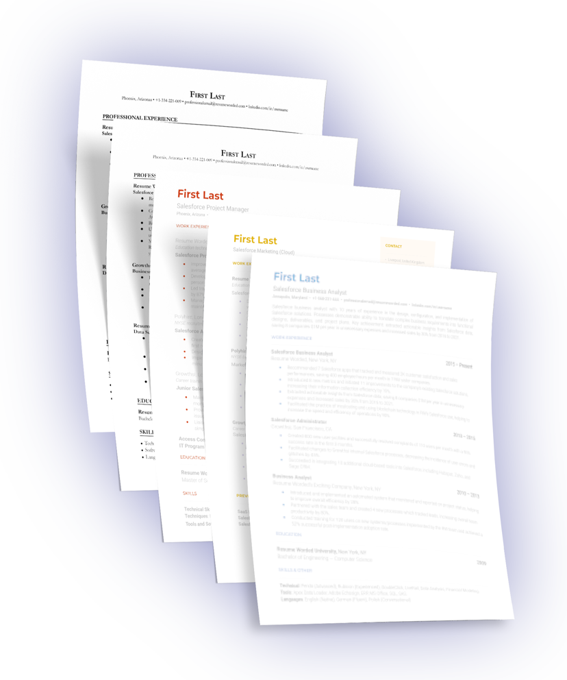 Get noticed by recruiters with our professionally designed Salesforce resume templates. Our templates cater to various roles including Salesforce Architects, Developers, Consultants, Business Analysts, QA Testers, Project Managers, Marketing Cloud Specialists, and Junior Administrators. Highlight your skills and experience and land your dream job in the Salesforce industry today!