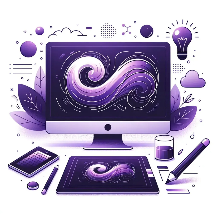 Illustration on a white background of a minimalist workspace with a computer and a digital drawing tablet. The computer screen displays a unique logo design in purple, and beside it, a list of potential brand names. A digital pen rests on the tablet, indicating the design process. Floating above are subtle icons of a light bulb and a paintbrush, both in shades of purple.